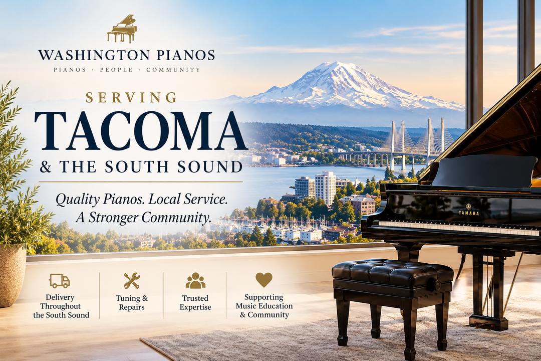 Washington Pianos serving Tacoma and the South Sound with a Yamaha grand piano overlooking the Tacoma waterfront and Mount Rainier.