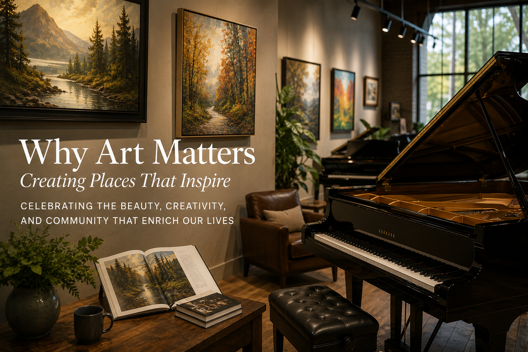 Warm Washington Pianos showroom featuring a grand piano and original artwork, creating an inspiring space where music, creativity, and community come together.