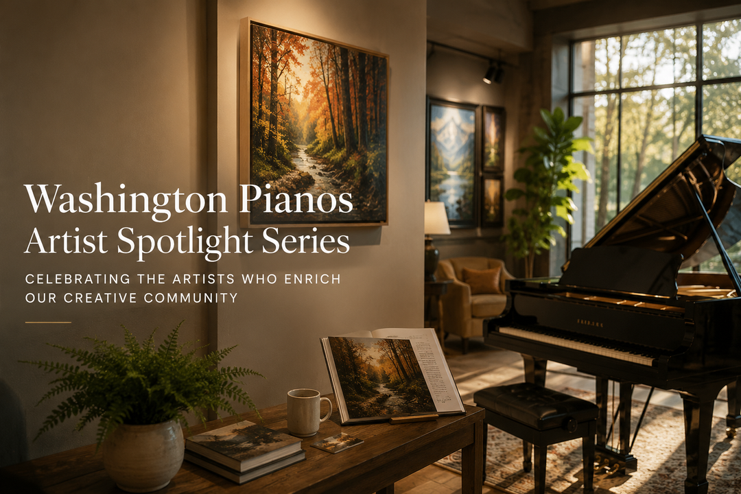 Warm Washington Pianos showroom featuring a grand piano, framed Pacific Northwest artwork, natural light, and an inviting space celebrating the Artist Spotlight Series.