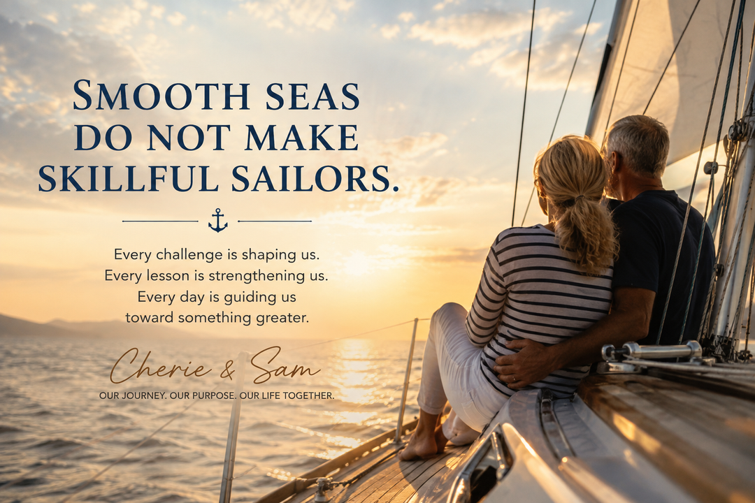 Cherie and Sam reflecting together aboard a sailboat at sunset, symbolizing perseverance, partnership, and the life lessons learned through challenging seasons.