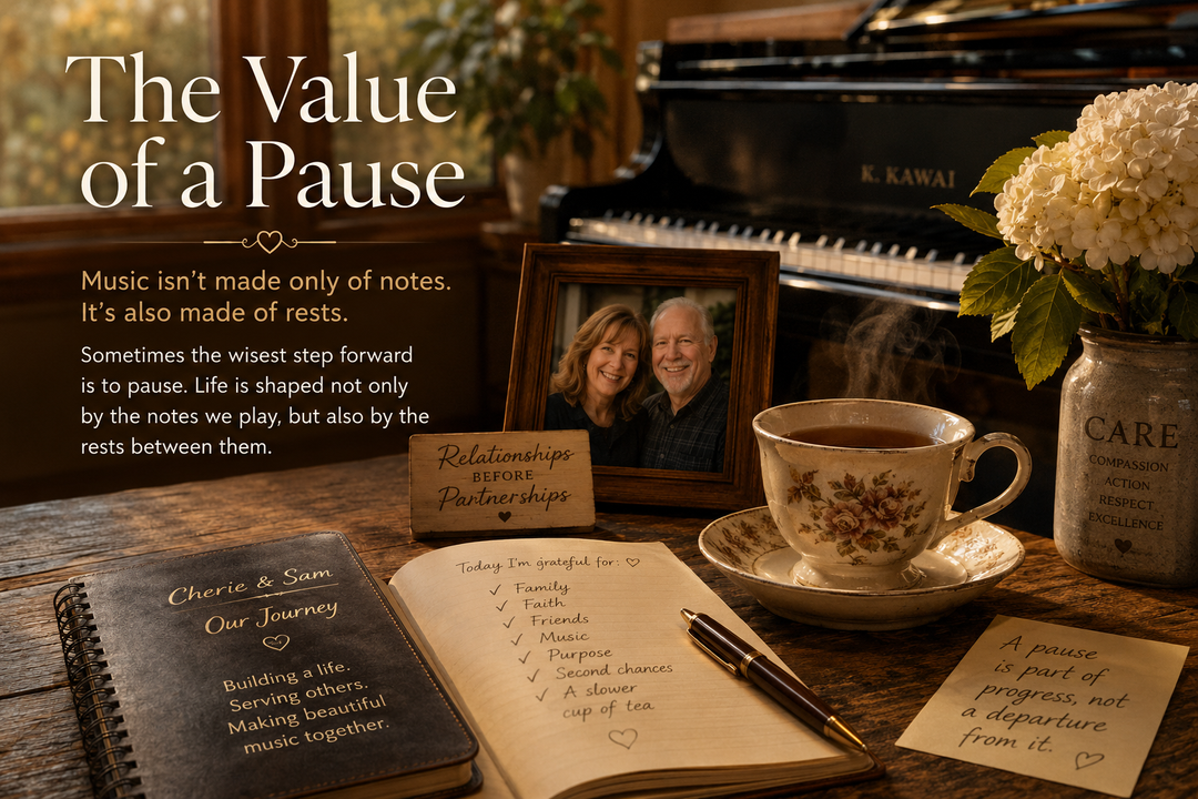 A warm cup of tea beside a grand piano with a journal, flowers, and a framed photo, illustrating the value of pausing to reflect, strengthen relationships, and find clarity in life's journey.