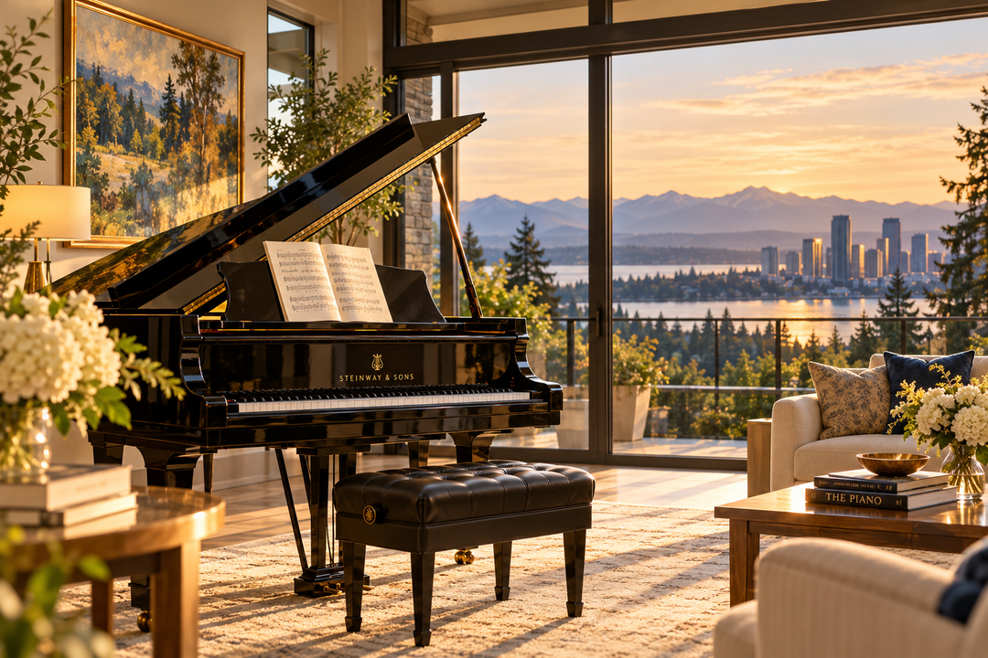 Steinway grand piano in an elegant Pacific Northwest home representing Washington Pianos serving Bellevue and Eastside piano buyers.