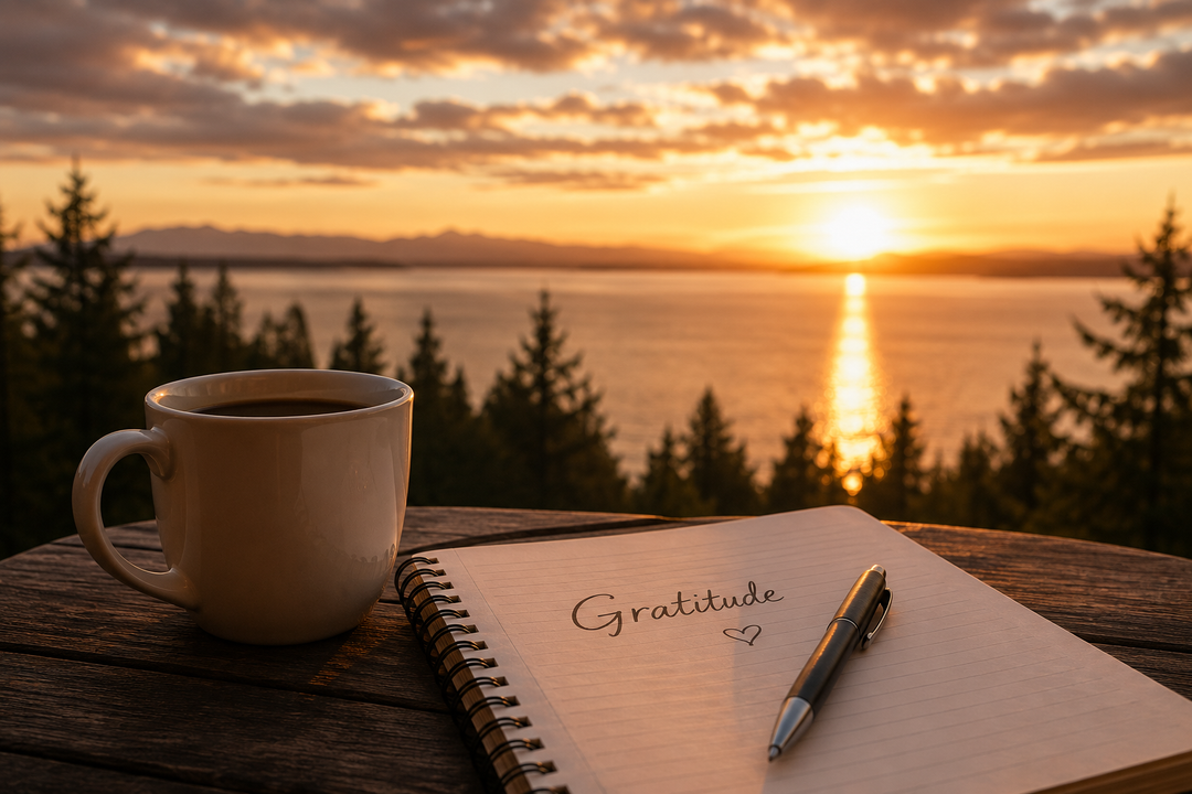 A quiet moment of reflection of gratitute with a cup of coffee watching the sun rise