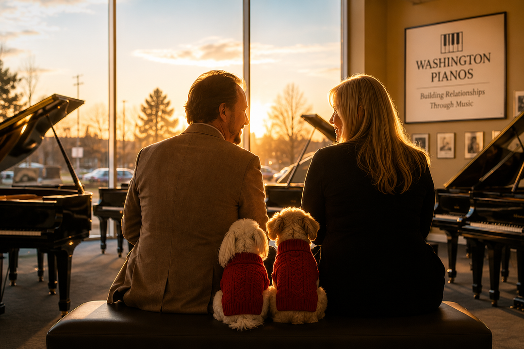 Cherie and Sam sitting together in the Washington Pianos showroom reflecting on building a meaningful life together.