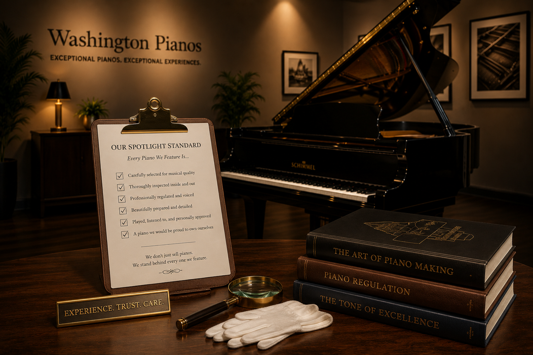 Washington Pianos Piano Spotlight editorial featuring the standards used to select exceptional pianos, including craftsmanship, preparation, musical character, and performance.