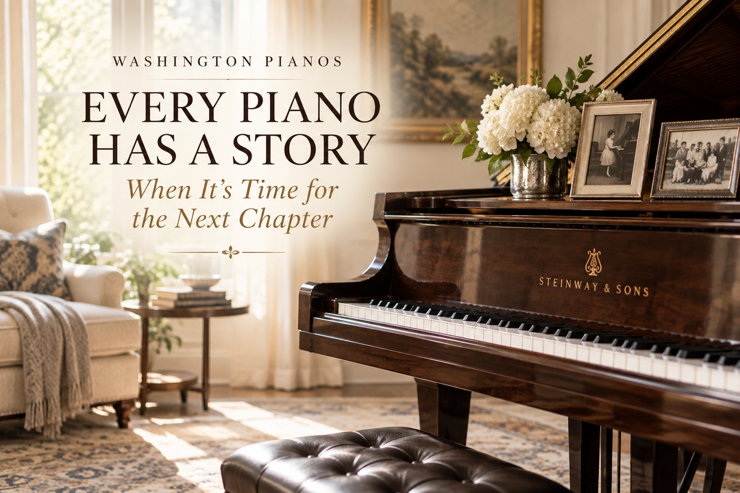 Grand piano in a warm family home representing the story and next chapter of selling or consigning a piano with Washington Pianos