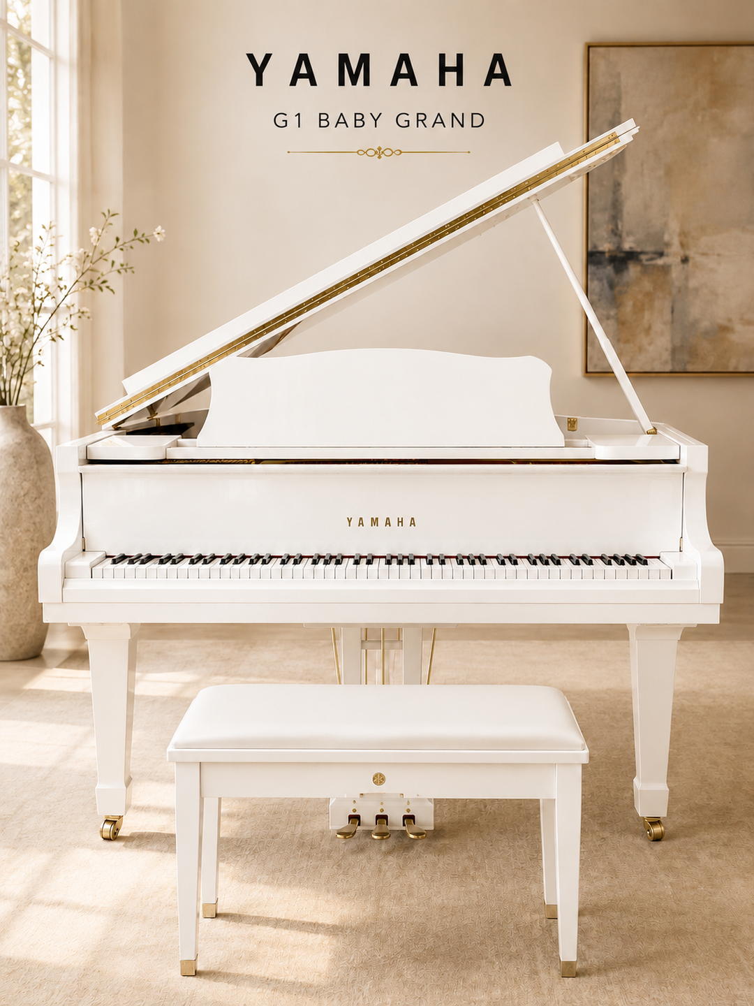 Polished white Yamaha G1 5'3" baby grand piano at Washington Pianos