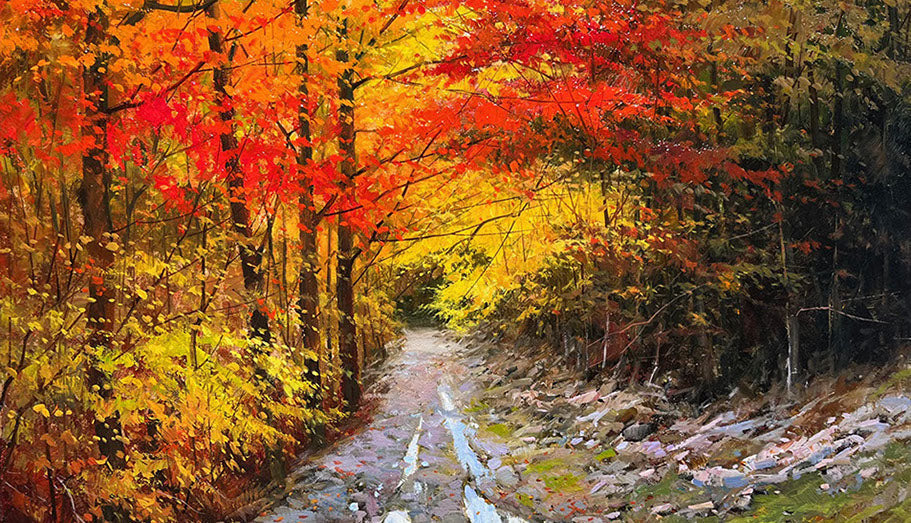 Christopher Mathie landscape painting featuring a colorful Pacific Northwest forest pathway in autumn, highlighted in the Washington Pianos Artist Spotlight Series.