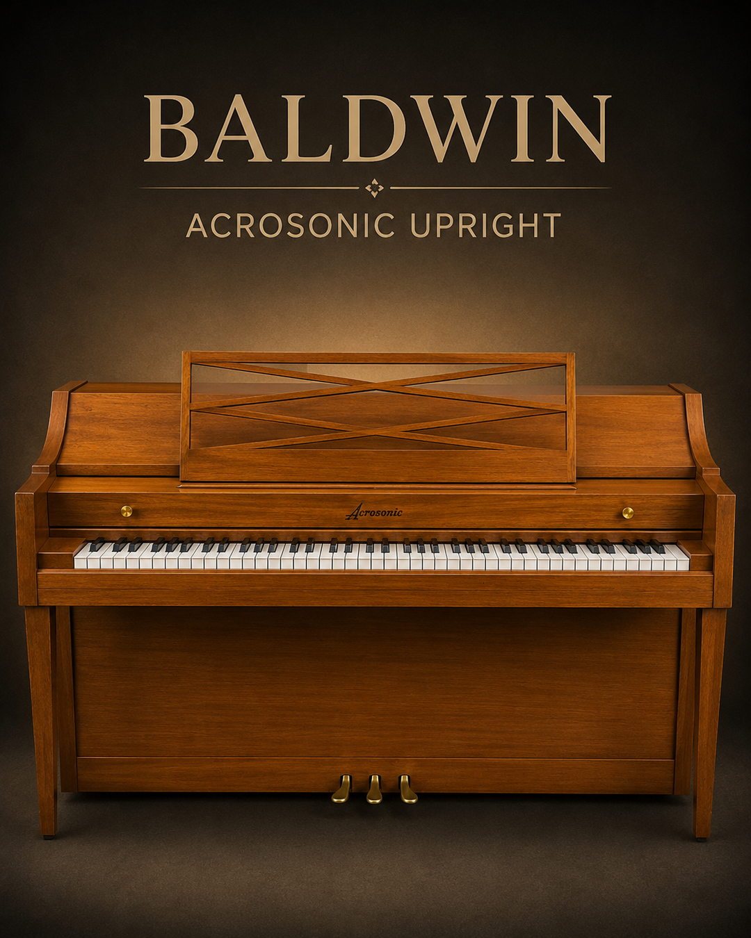 A baldwin acrosonic in medium brown wood front facing furniture styling