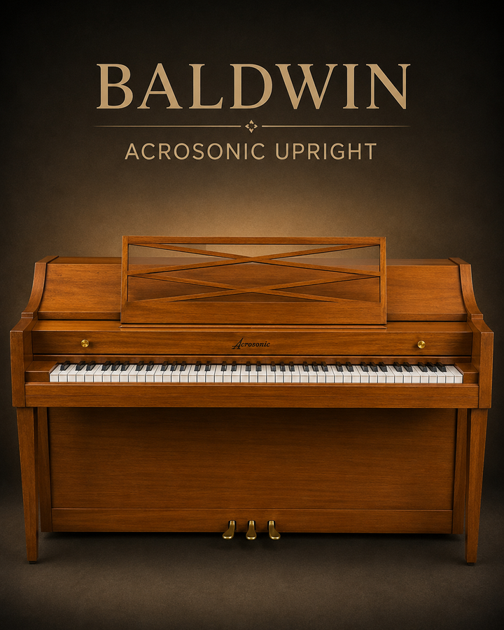 A baldwin acrosonic in medium brown wood front facing furniture styling