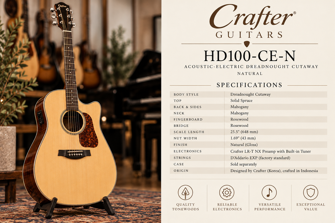 Crafter HD100-CE-N Acoustic-Electric Dreadnought Cutaway Guitar – Natural