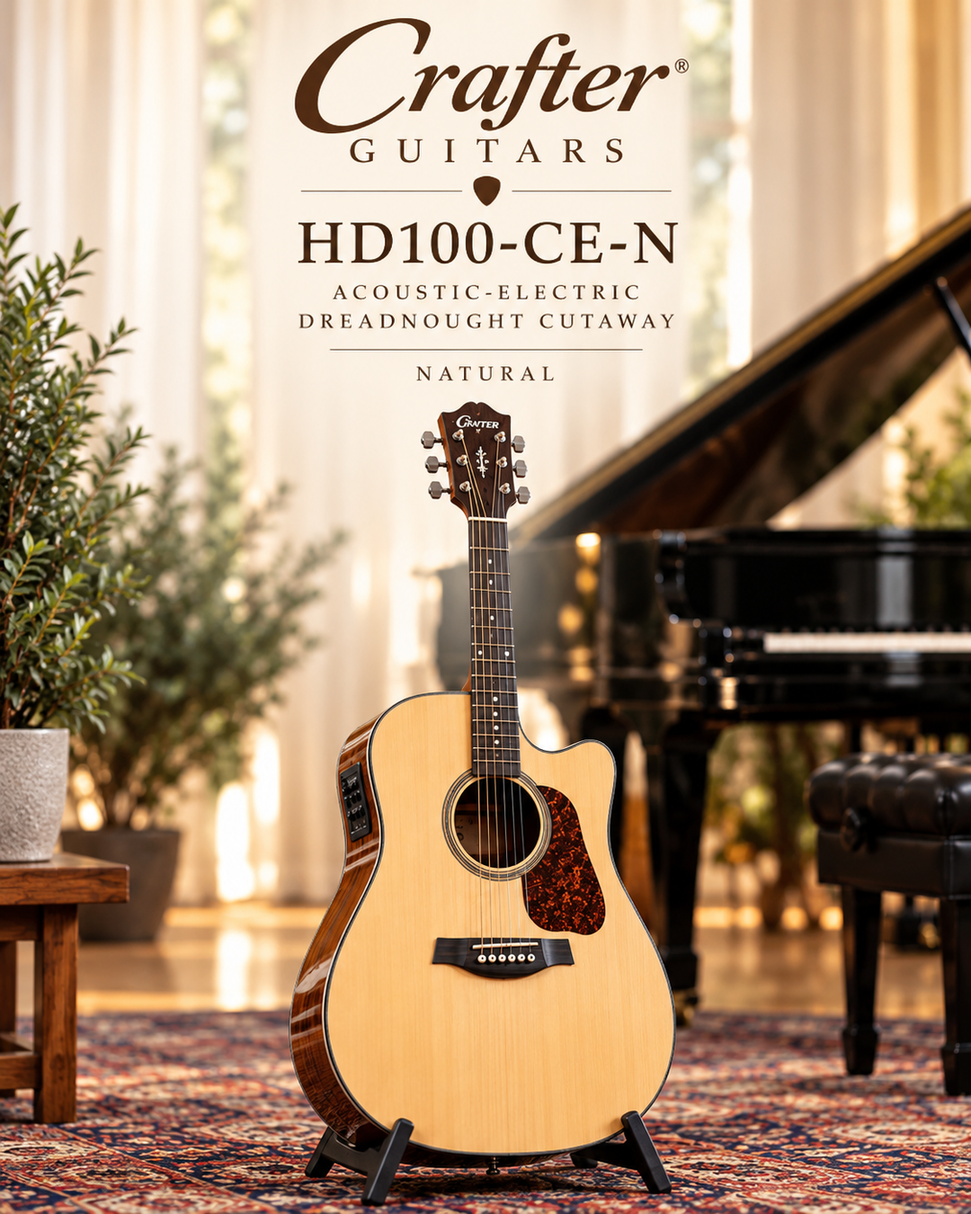 Crafter HD100-CE-N Acoustic-Electric Dreadnought Cutaway Guitar – Natural