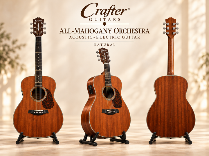 3 View of Crafter Mahogany Orchestra Guitar in Showroom