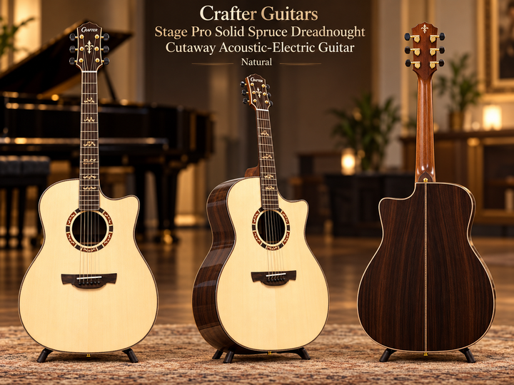 Crafter Stage Pro Solid Spruce &amp; Rosewood Dreadnought Acoustic-Electric Guitar – Natural