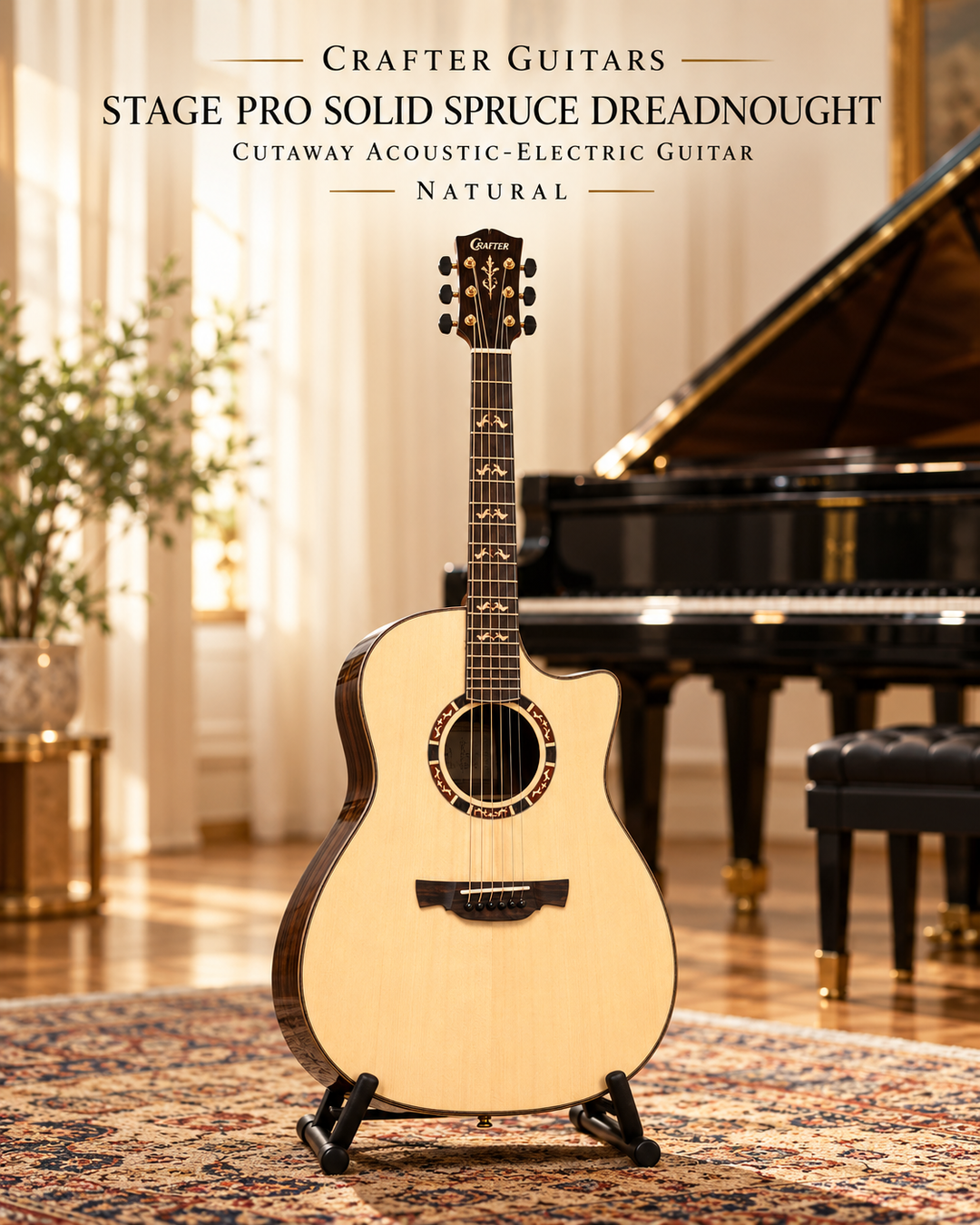 Crafter Stage Pro Solid Spruce &amp; Rosewood Dreadnought Acoustic-Electric Guitar – Natural