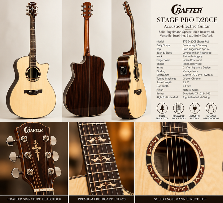 Crafter Stage Pro Solid Spruce &amp; Rosewood Dreadnought Acoustic-Electric Guitar – Natural