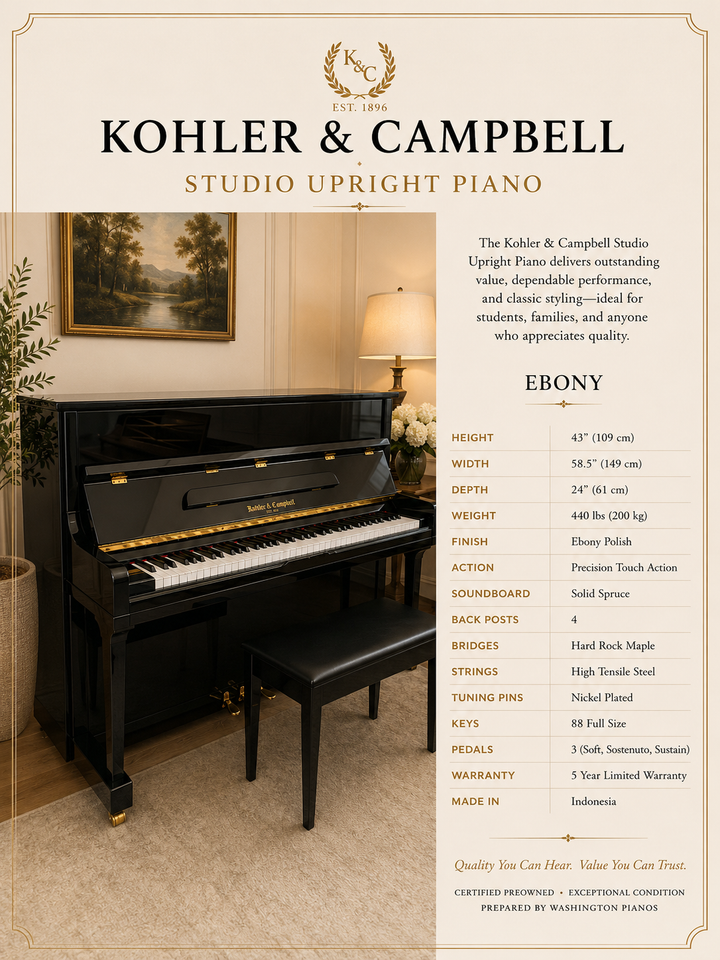 Kohler &amp; Campbell Studio Upright Ebony Statistics Showroom View