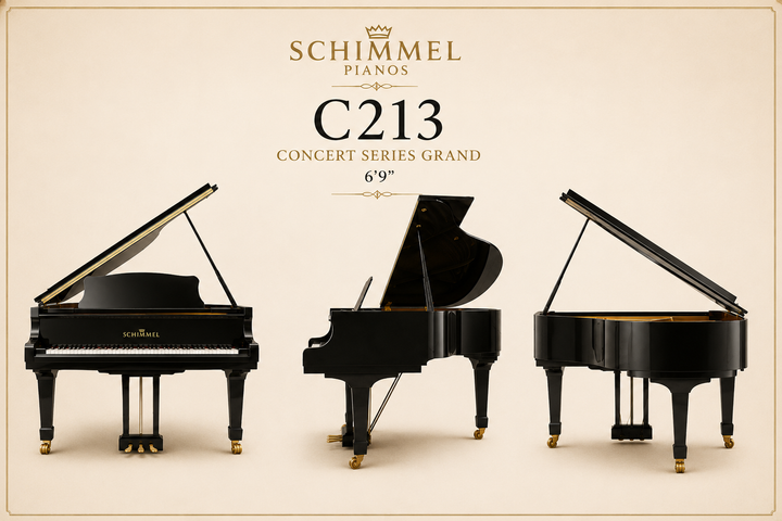 Three Views of Ebony Schimmel Grand Model C213 