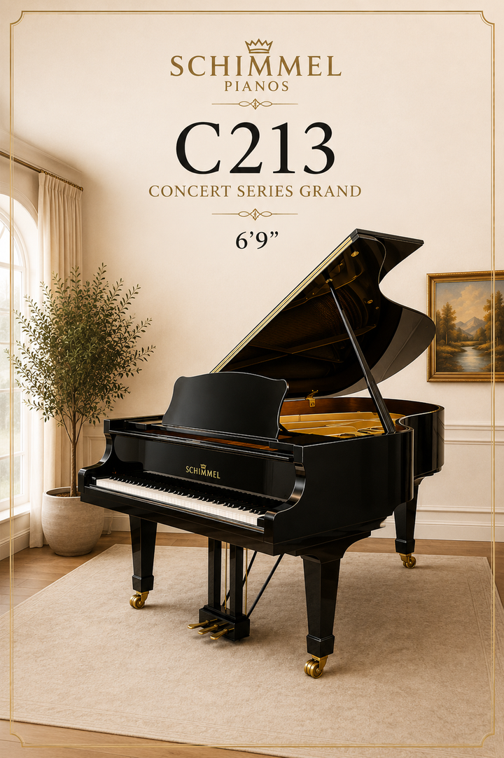 Schimmel Grand Piano in Showroom Front and Side View