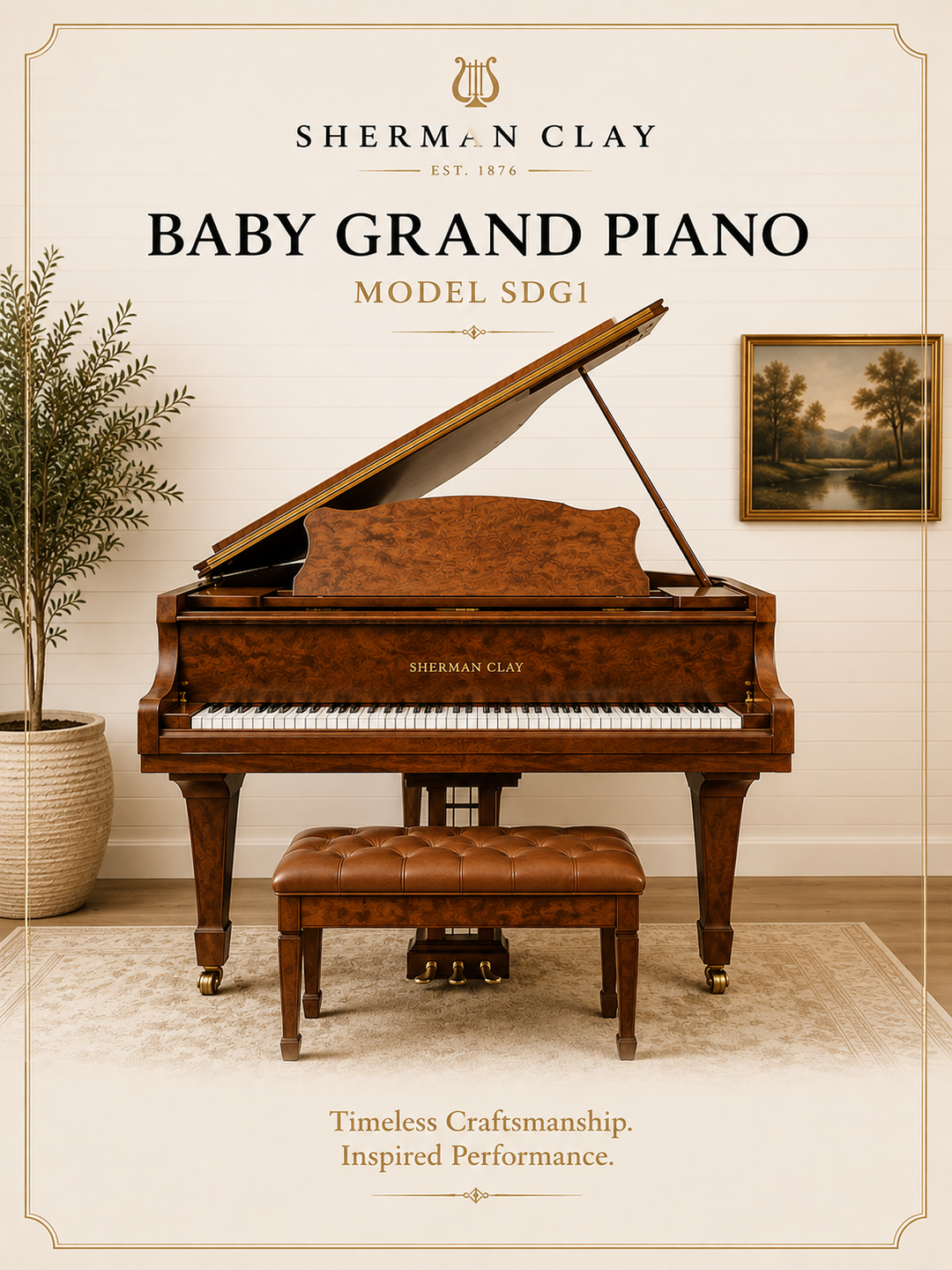 Sherman Clay Baby Grand Piano-Model SDG1-Burled Walnut