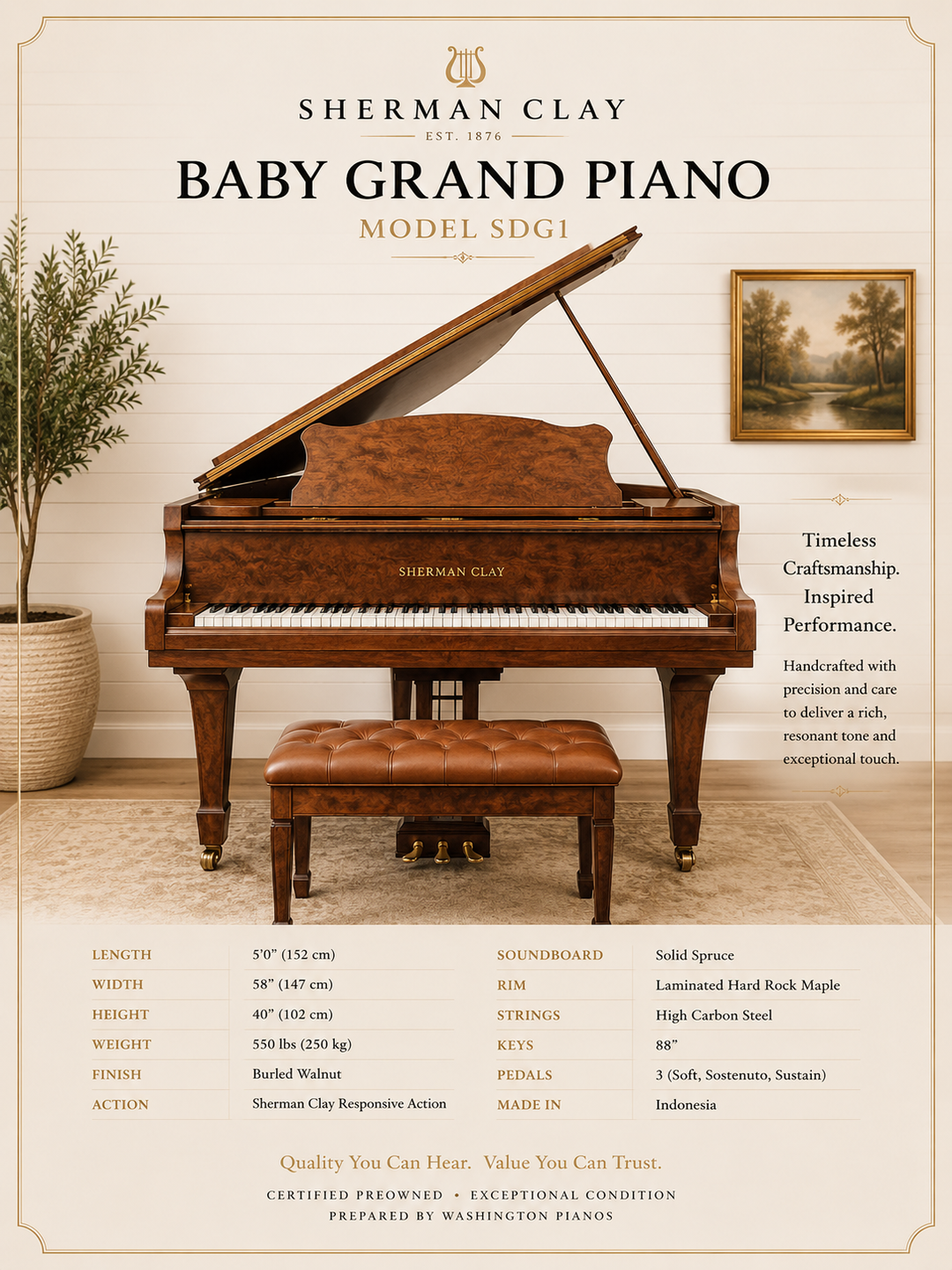 Sherman Clay Baby Grand Piano-Model SDG1-Burled Walnut
