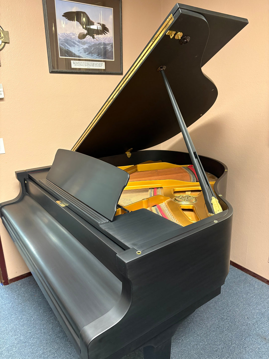 Petrof Model V baby grand piano in satin ebony finish, side view, closed fallboard.