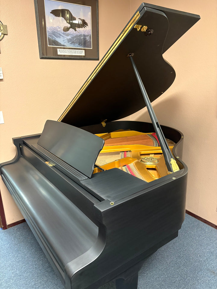 Petrof Model V baby grand piano in satin ebony finish, side view, closed fallboard.