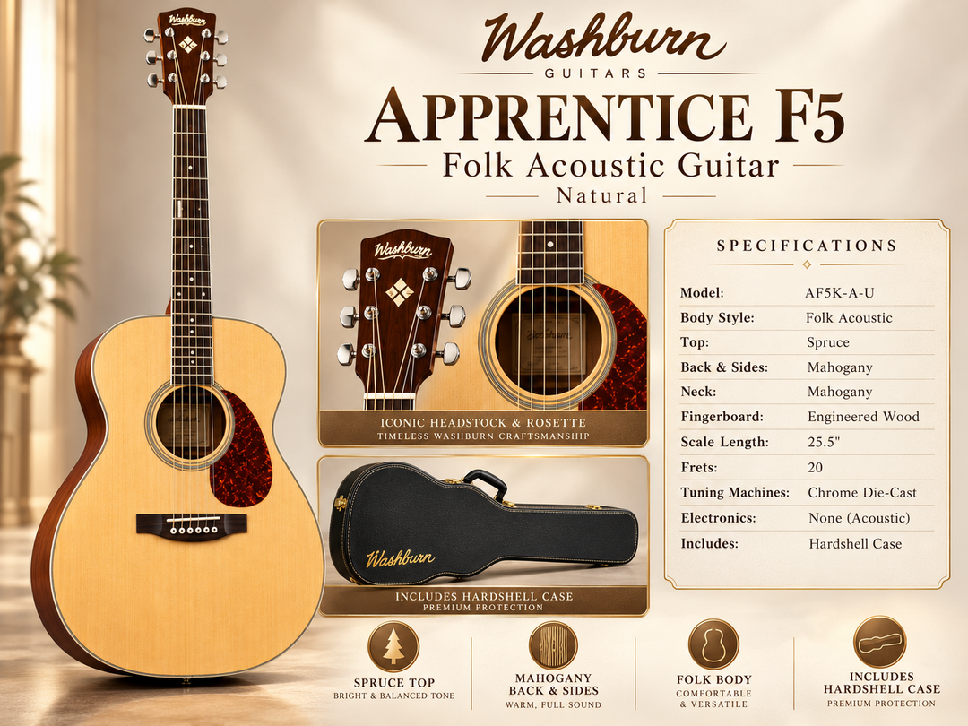 Washburn Apprentice F5 Folk Acoustic Guitar with Hardshell Case – Natural