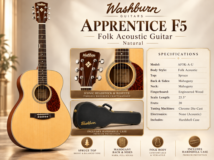Washburn Apprentice F5 Folk Acoustic Guitar with Hardshell Case – Natural