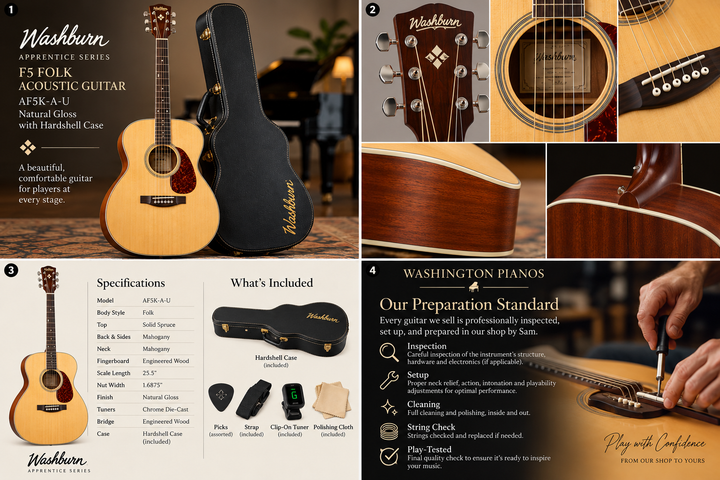 Washburn Apprentice F5 Folk Acoustic Guitar with Hardshell Case – Natural