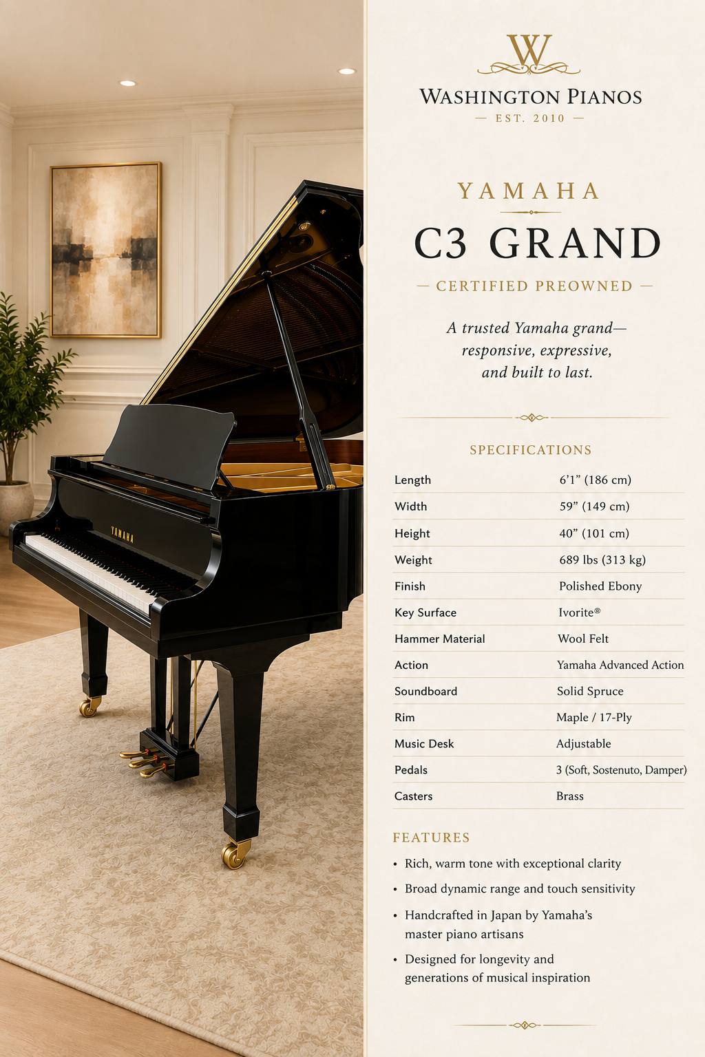 Yamaha Grand Piano, Model C3, 6&