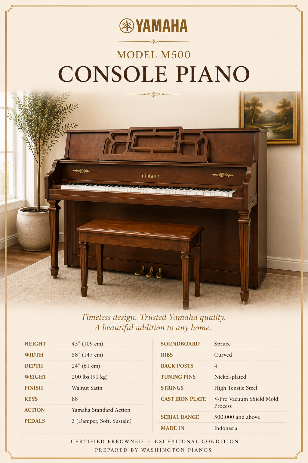 Yamaha Console Decorator Upright Piano-Model M500H-Walnut Finish
