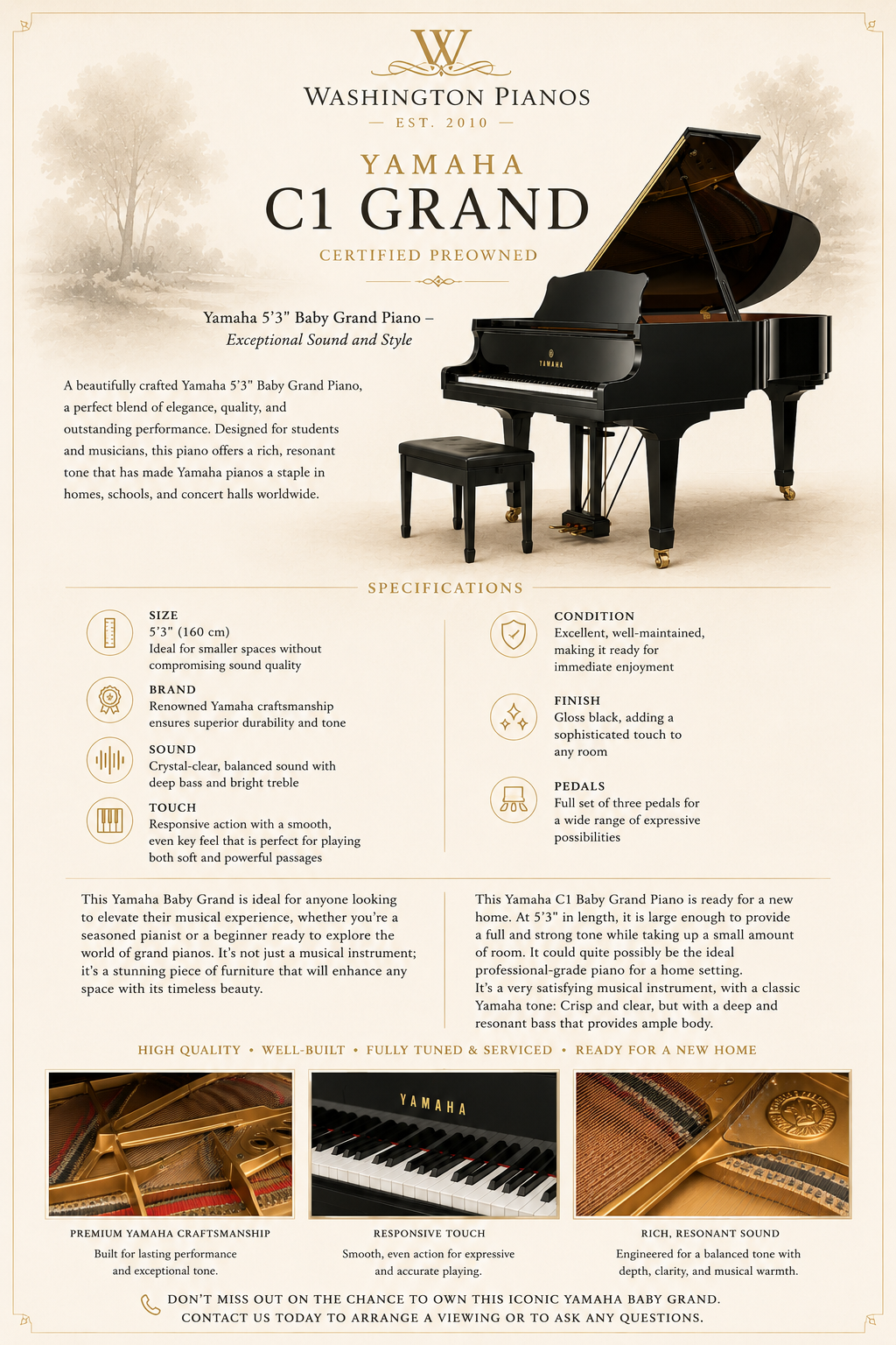 Yamaha Grand Piano Conservatory Model Stats and Description